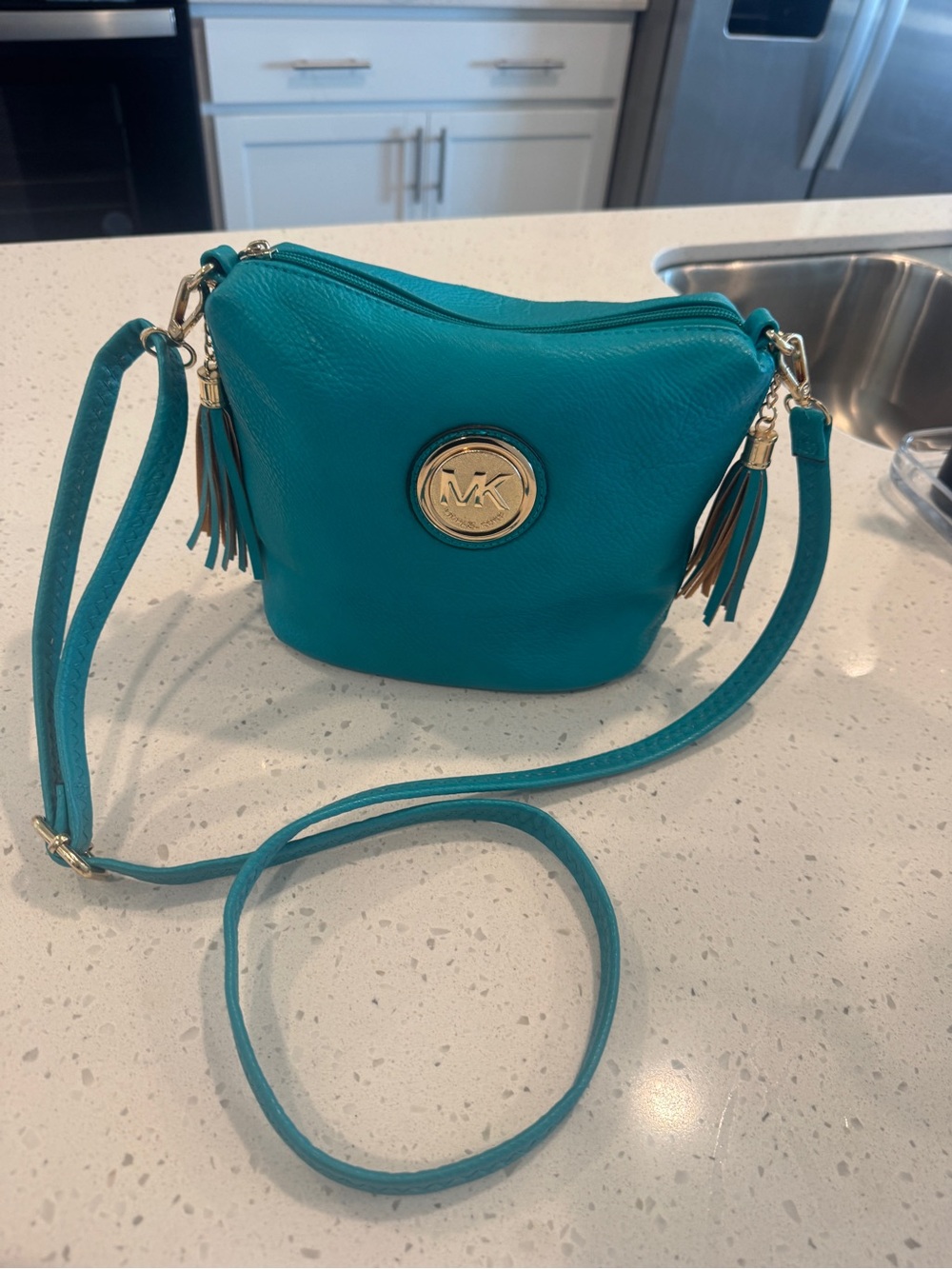 Michael Kors Teal Leather Crossbody with Gold MK Medallion